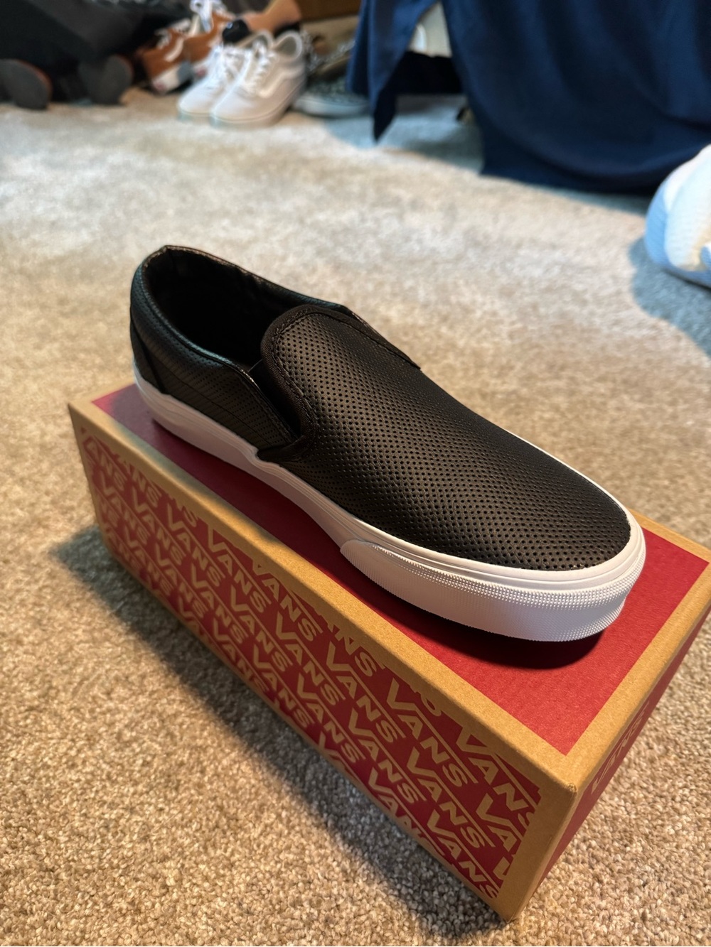 Brand New In Box- Vans Black Perforated Leather Slip-On with White Sole